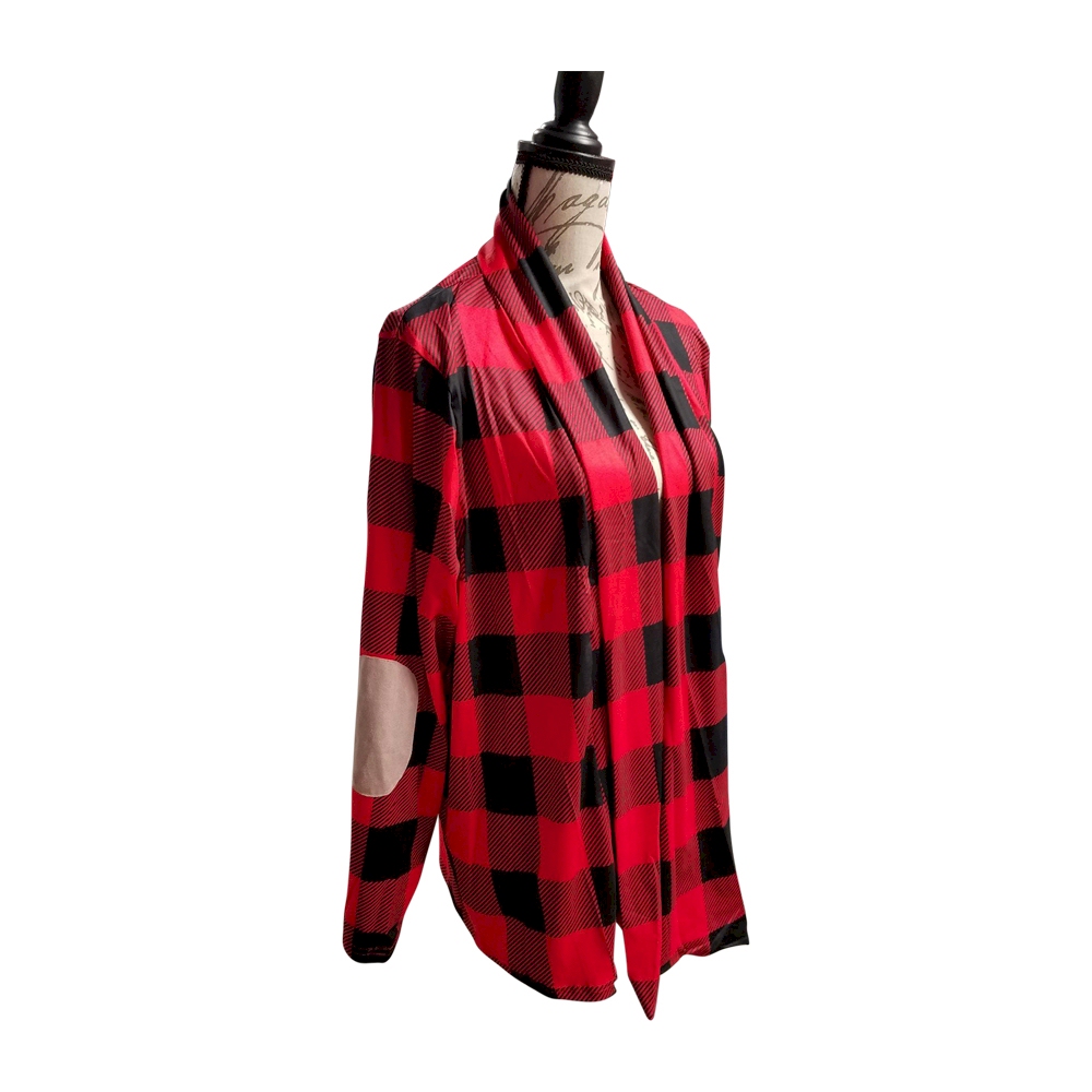 Lightweight Open Front Cardigan with Elbow Patches - BUFFALO PLAID - CLOSEOUT
