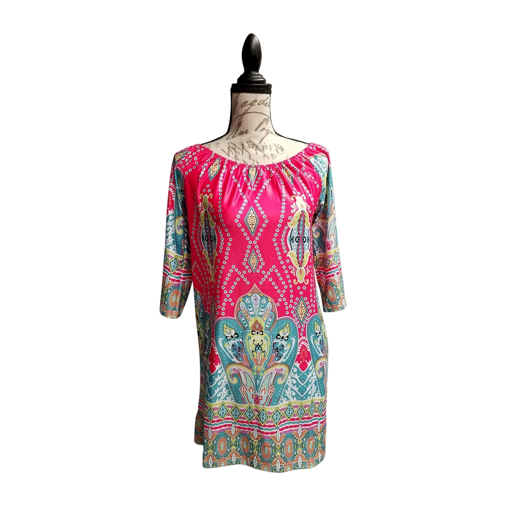 Off-Shoulder Boho Print Swimsuit Cover-Up Dress - HOT PINK - CLOSEOUT