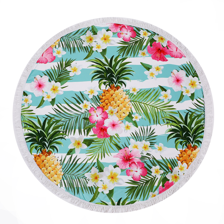 Pineapple Hibiscus Print 60" Round Fringed Beach Towel - CLOSEOUT