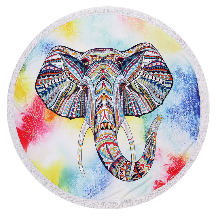 Colorful Tusks Elephant Print 60" Round Fringed Beach Towel - CLOSEOUT