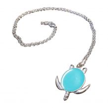 Silver-Tone Sea Turtle Medallion with Chain - AQUA - CLOSEOUT
