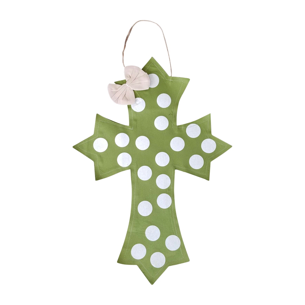 Rustic Canvas Deco Cross with Attached Bow Wall/Door Hanging - GREEN DOTS - CLOSEOUT
