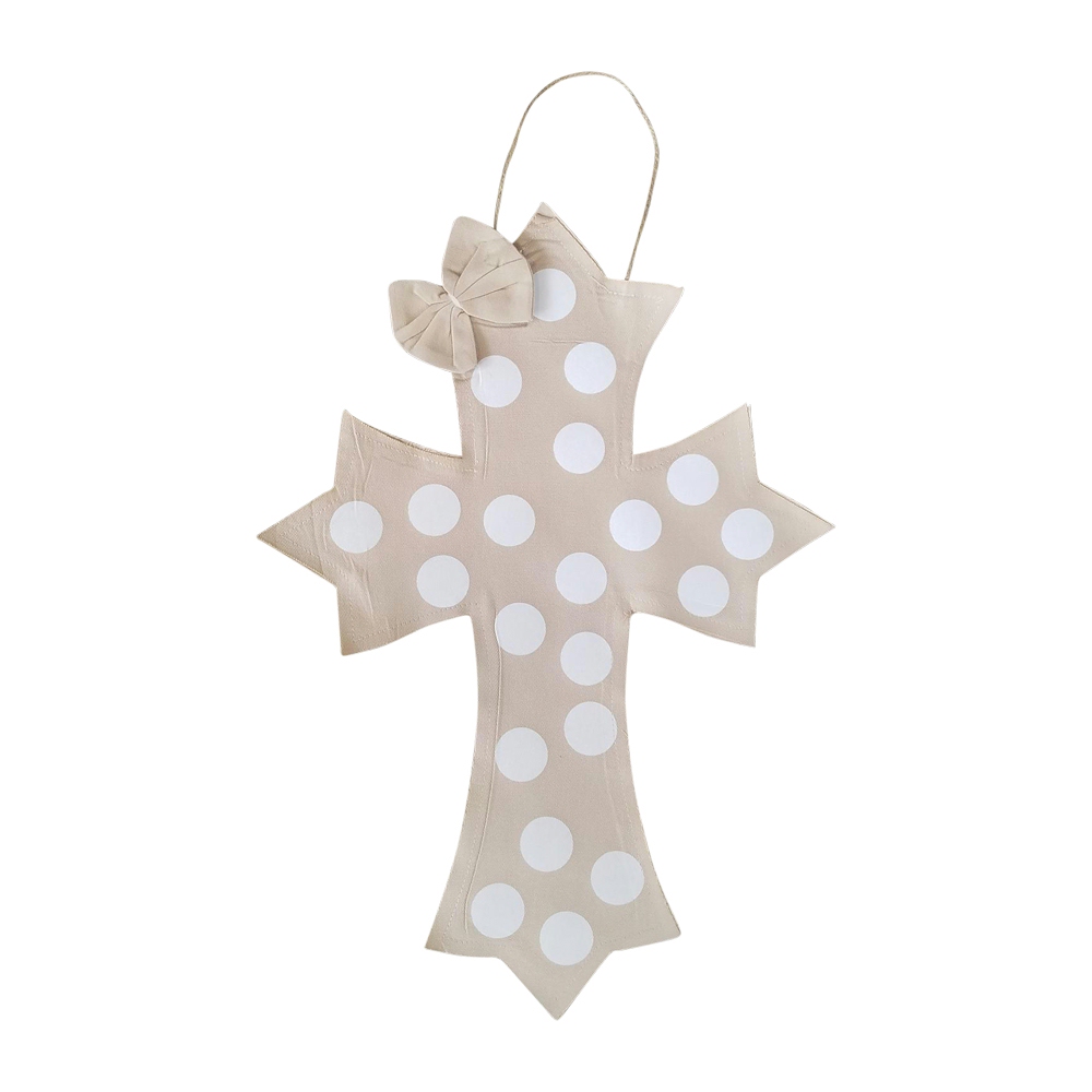 Rustic Canvas Deco Cross with Attached Bow Wall/Door Hanging - BEIGE DOTS - CLOSEOUT