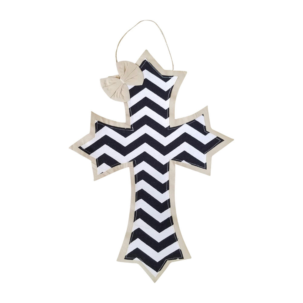 Rustic Canvas Deco Cross with Attached Bow Wall/Door Hanging - BLACK CHEVRON - CLOSEOUT