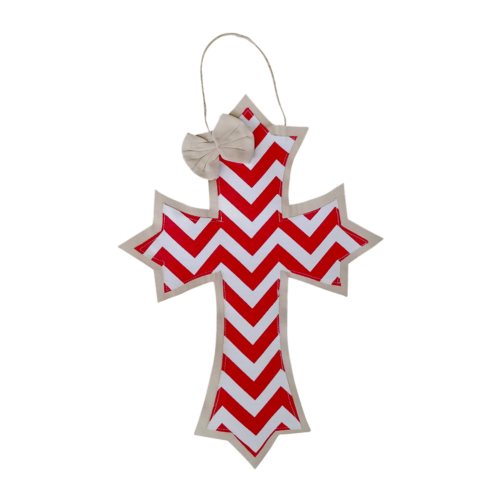 Rustic Canvas Deco Cross with Attached Bow Wall/Door Hanging - RED CHEVRON - CLOSEOUT