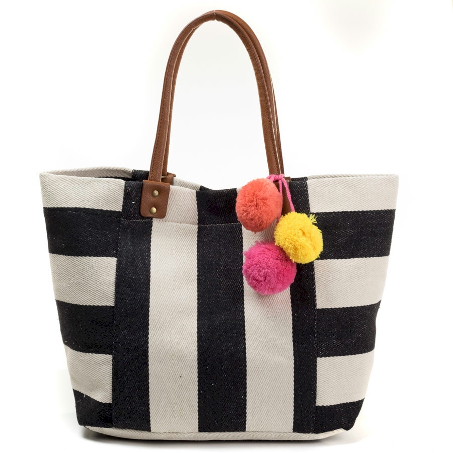Canvas Nautical Stripe Tote Bag Embroidery Blanks - BLACK/NATURAL