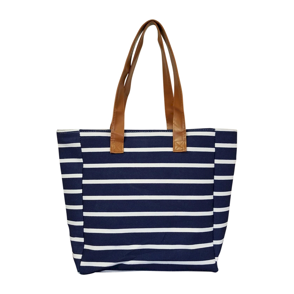 Molly Striped Canvas Beach Tote Bag - NAVY - CLOSEOUT