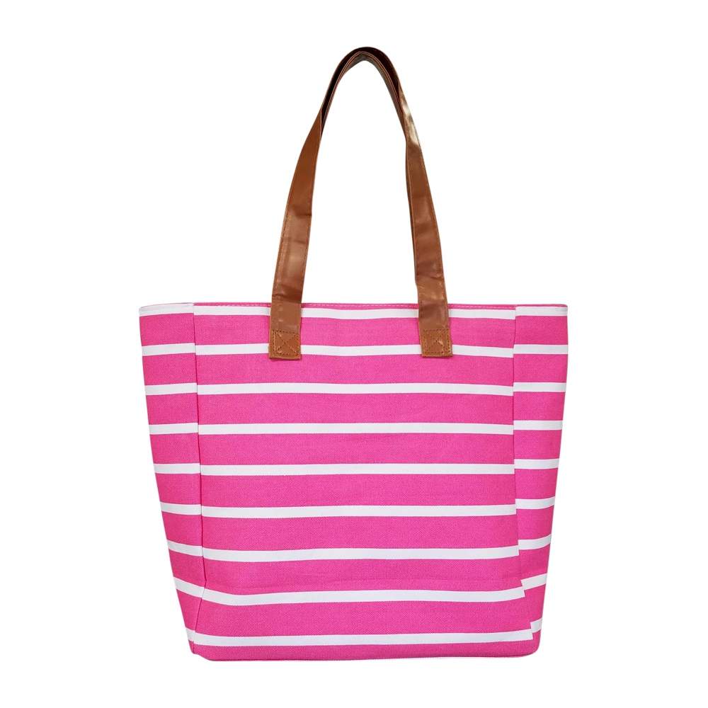 Molly Striped Canvas Beach Tote Bag - HOT PINK - CLOSEOUT