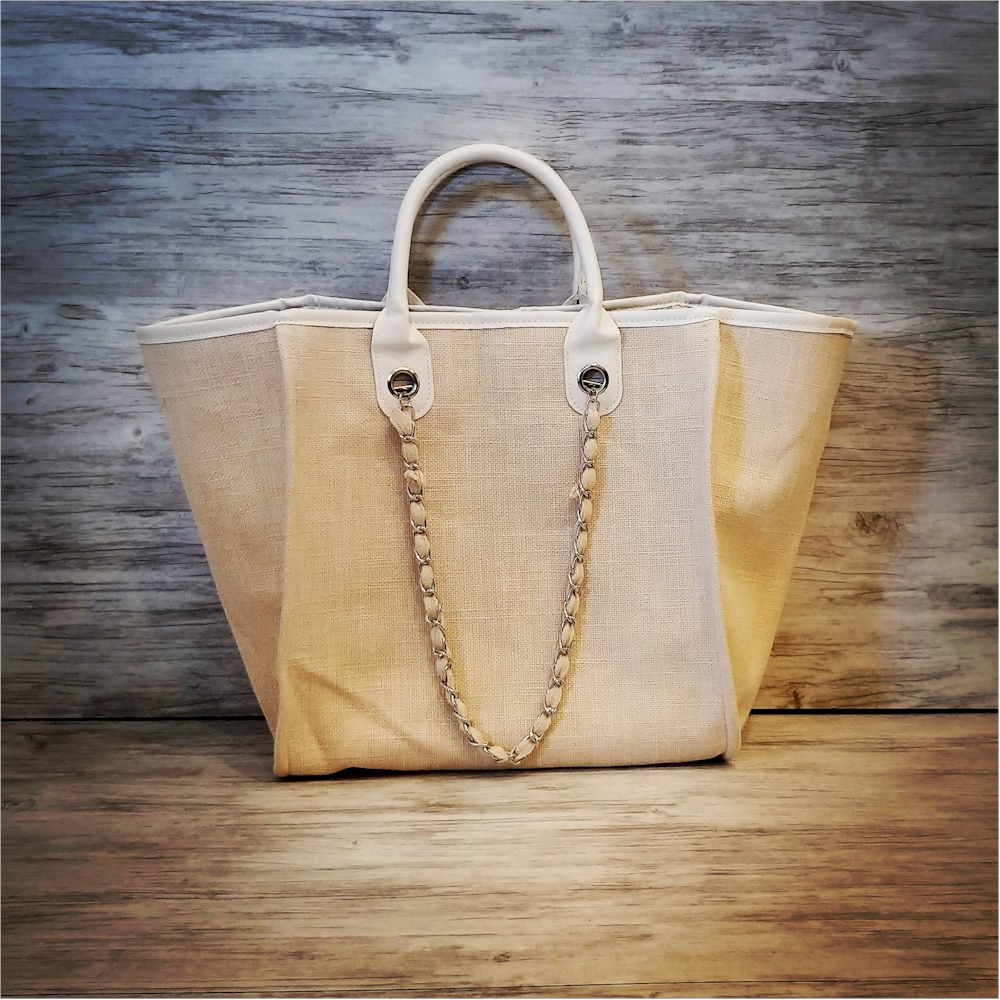 Grace Linen Handbag with Faux Leather Trim & Accent Chain  - WHITE - CLOSEOUT