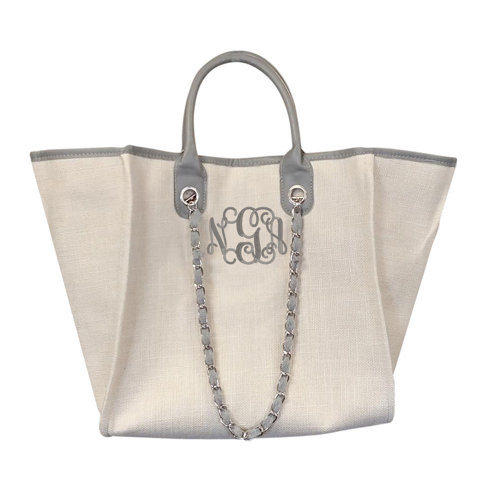 Grace Linen Handbag with Faux Leather Trim & Accent Chain  - GRAY - CLOSEOUT