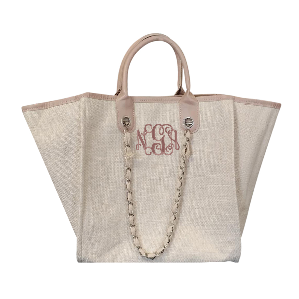 Grace Linen Handbag with Faux Leather Trim & Accent Chain  - BLUSH - CLOSEOUT