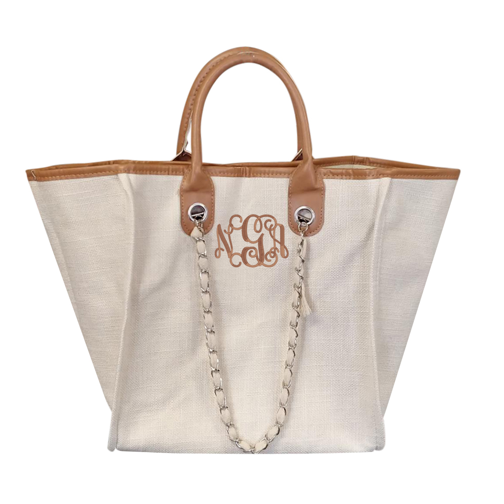 Grace Linen Handbag with Faux Leather Trim & Accent Chain  - CAMEL - CLOSEOUT
