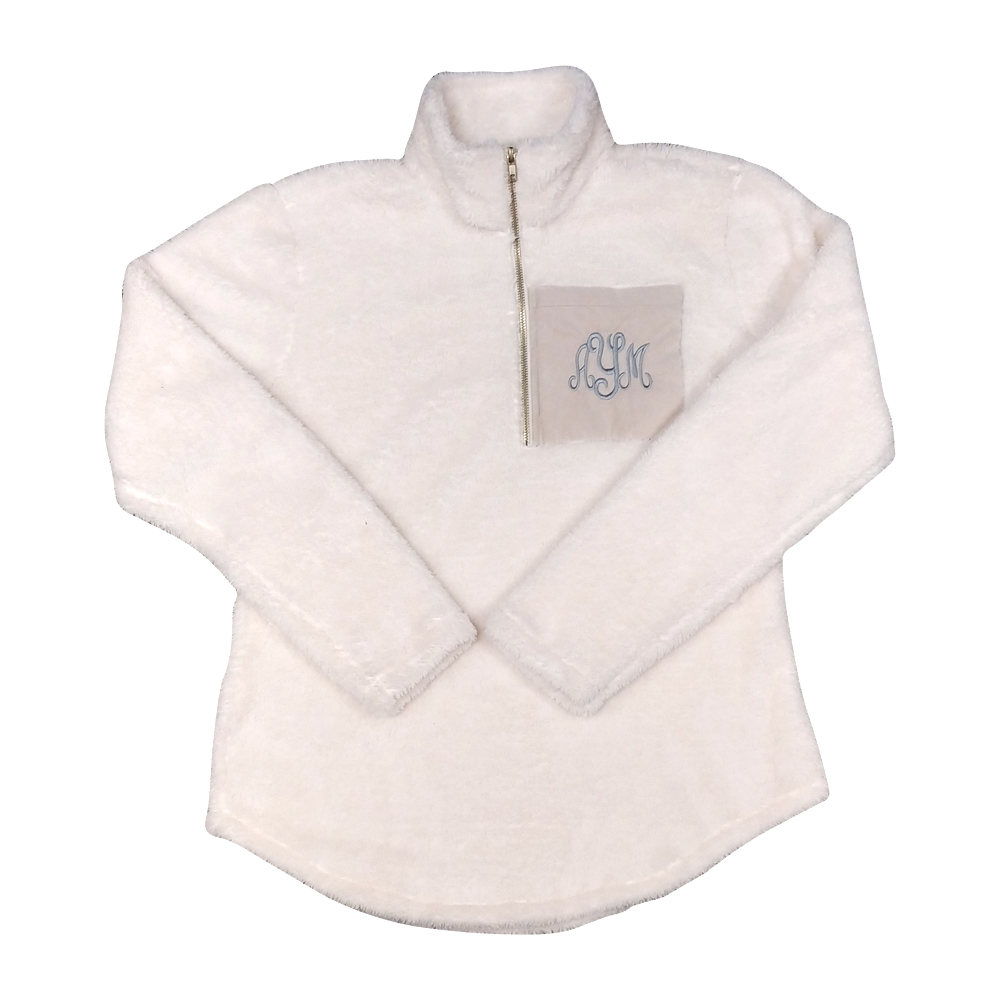 The Coral Palms® Ladies Suede Patch Micro Sherpa Quarter-Zip Sherpa Pullover - IVORY - CLOSEOUT