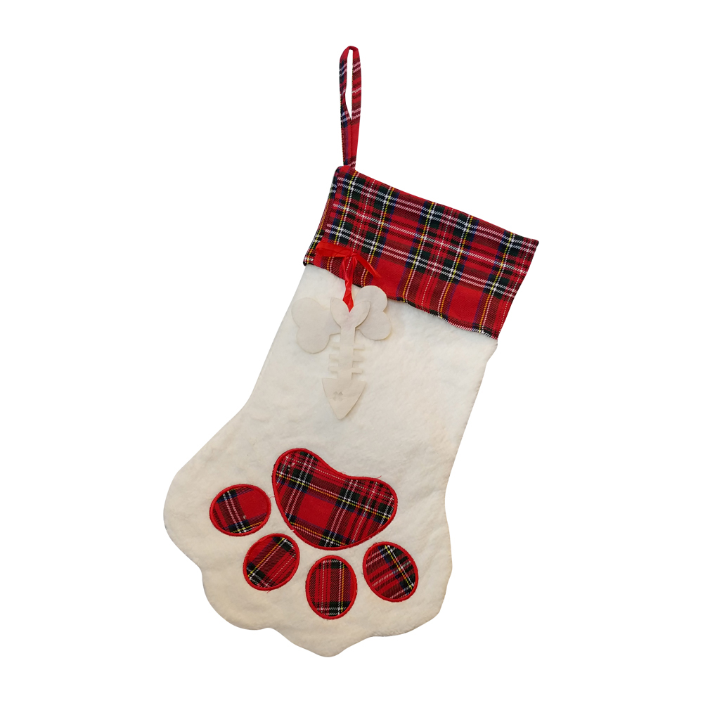Plaid Paw Print Pet Christmas Stocking with Bones - RED