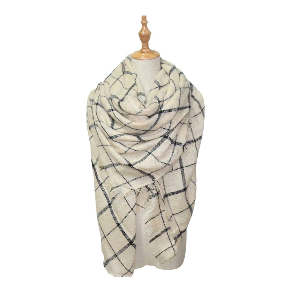 Designer-Style Oversized Plaid Scarf - IVORY - CLOSEOUT