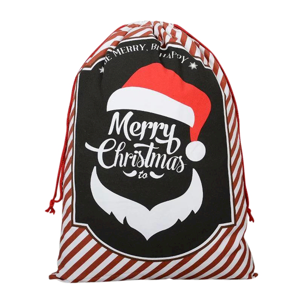 Natural Canvas Christmas Drawstring Gift Bag - Candy Cane Merry Christmas Santa - CLOSEOUT