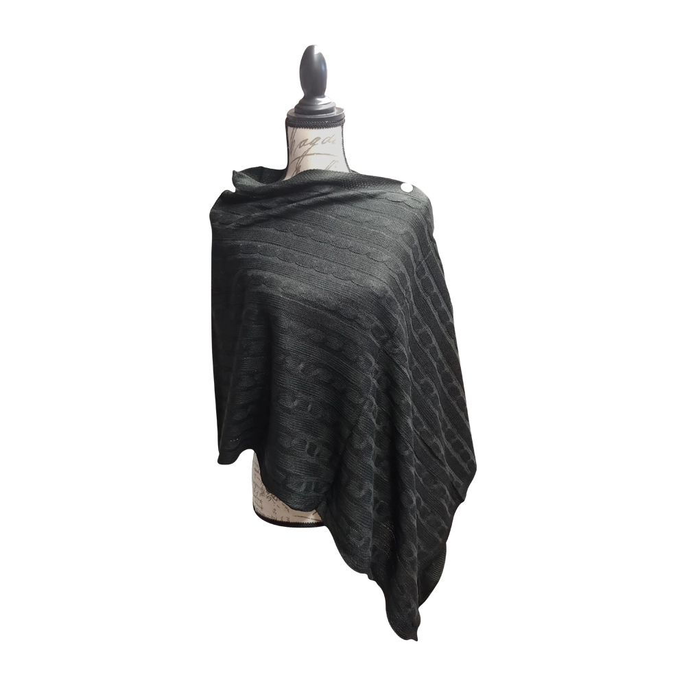 Cable Knit Button Poncho - BLACK - CLOSEOUT