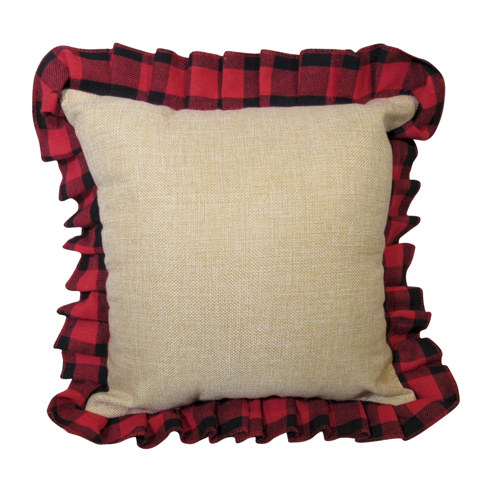 16" Jute Farmhouse Throw Pillow Cover with Buffalo Plaid Ruffle - RED - CLOSEOUT