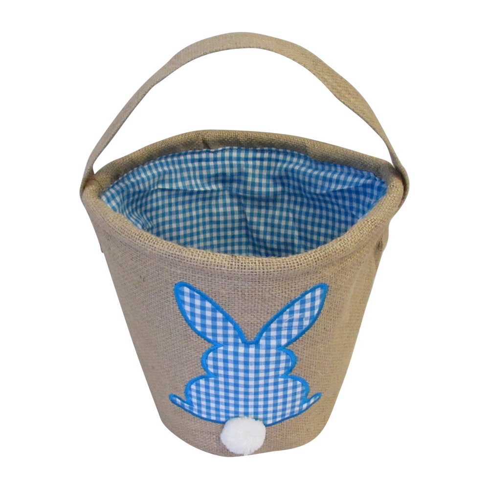 Burlap Easter Basket Tote With Applique Gingham Bunny - TURQUOISE - CLOSEOUT