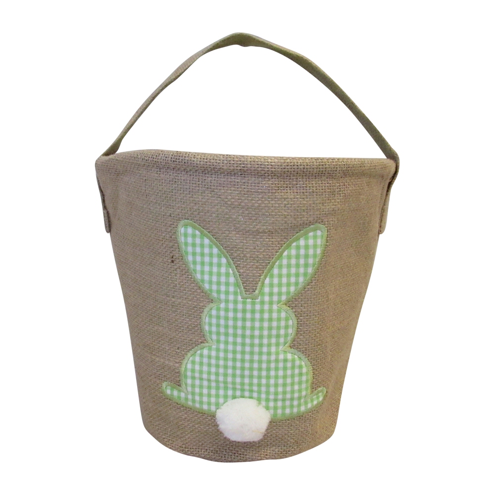 Burlap Easter Basket Tote With Applique Gingham Bunny - GREEN - CLOSEOUT