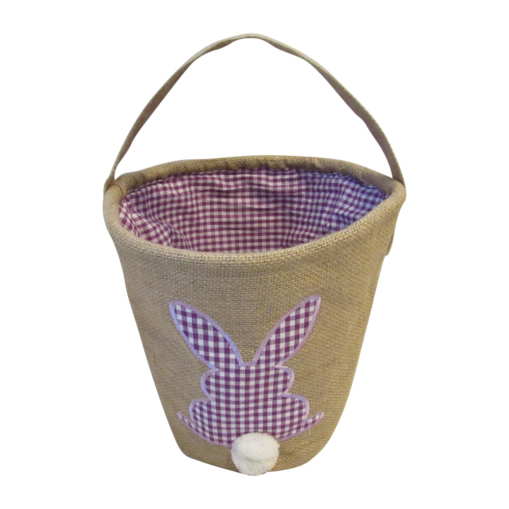 Burlap Easter Basket Tote With Applique Gingham Bunny - PURPLE - CLOSEOUT