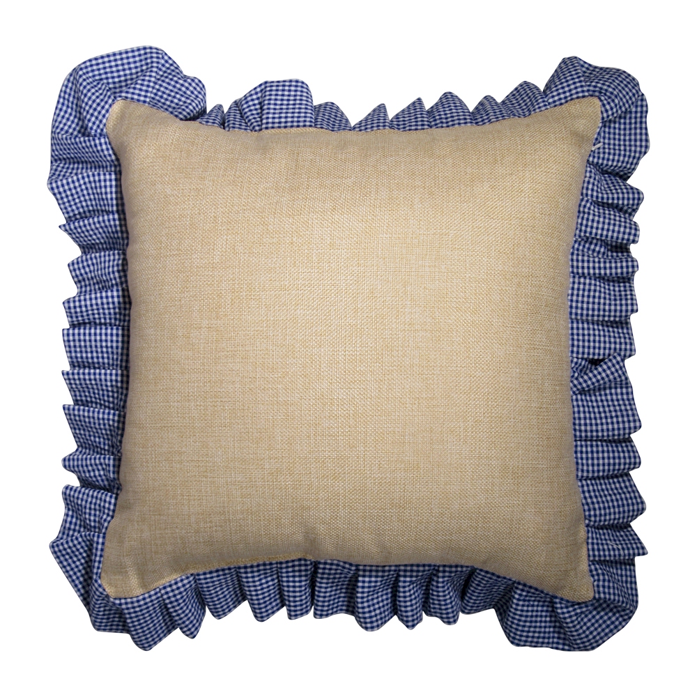 16" Jute Farmhouse Throw Pillow Cover with Gingham Plaid Ruffle - NAVY - CLOSEOUT