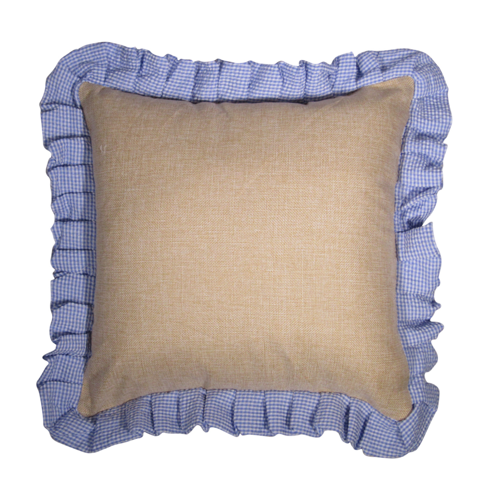 16" Jute Farmhouse Throw Pillow Cover with Gingham Plaid Ruffle - LIGHT BLUE - CLOSEOUT