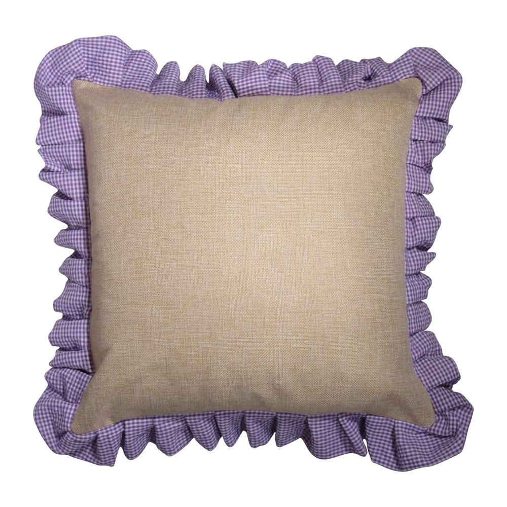 16" Jute Farmhouse Throw Pillow Cover with Gingham Plaid Ruffle - LAVENDER - CLOSEOUT