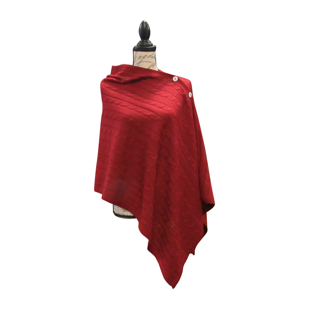 Cable Knit Button Poncho - WINE - CLOSEOUT