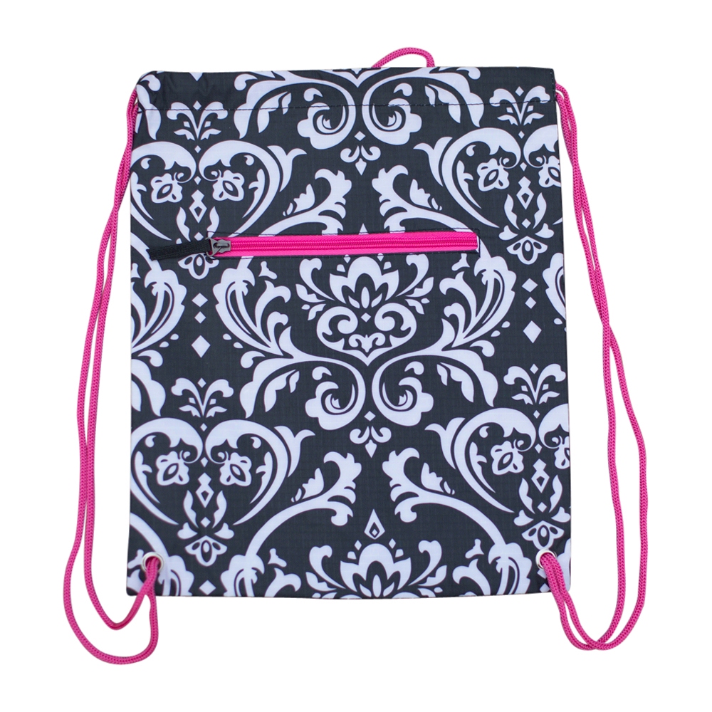 Damask Print Gym Bag Drawstring Pack Embroidery Blanks - HOT PINK TRIM - CLOSEOUT