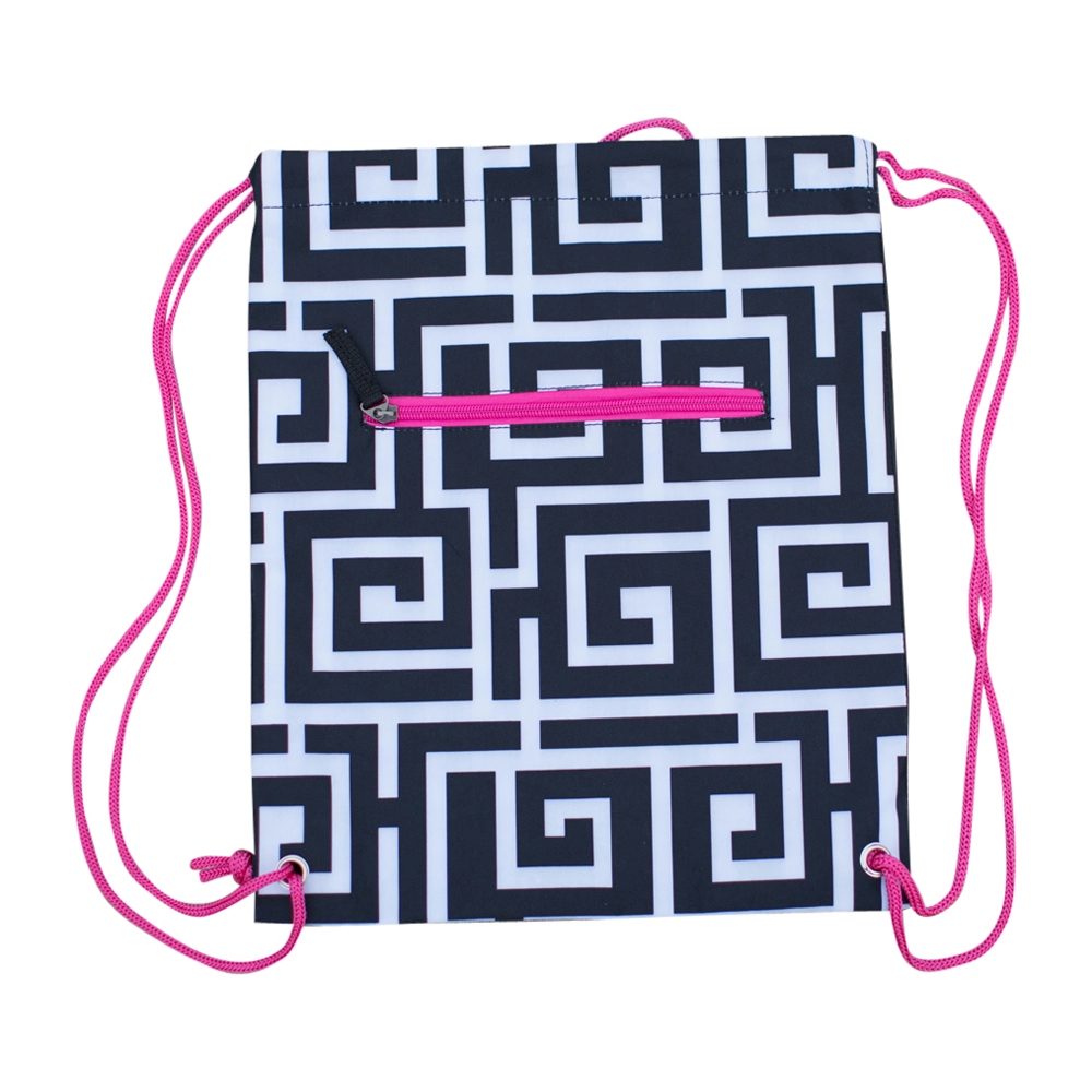 Greek Key Print Gym Bag Drawstring Pack Embroidery Blanks - BLACK/HOT PINK TRIM - CLOSEOUT