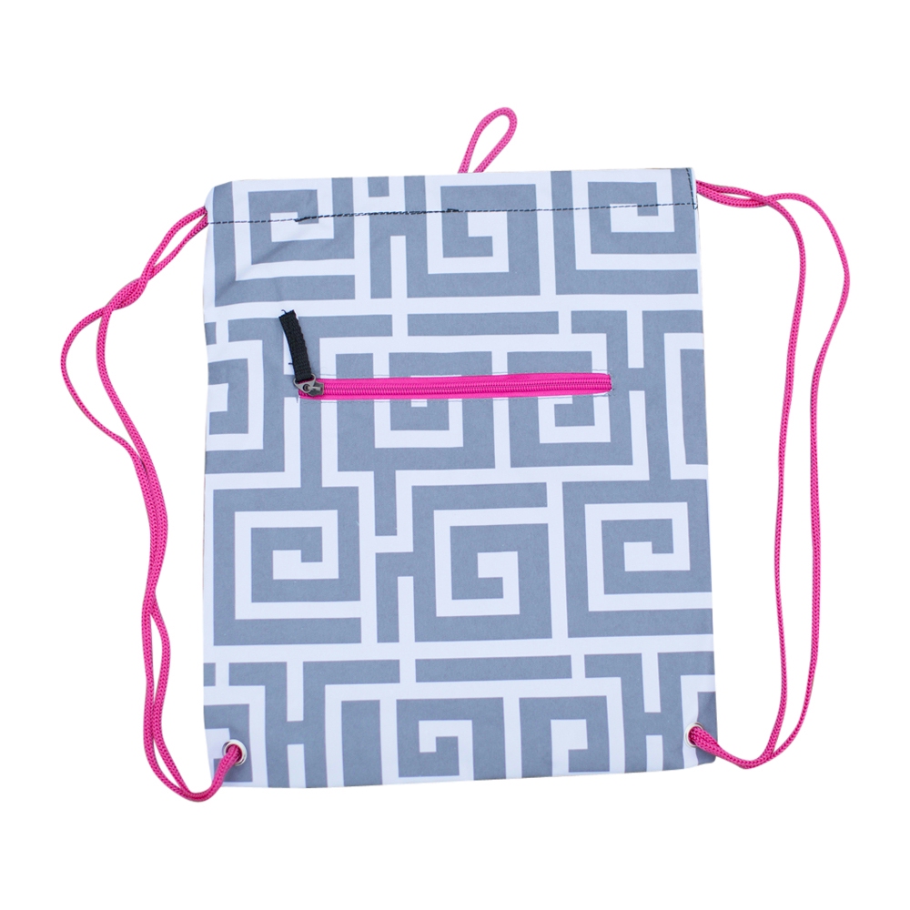 Greek Key Print Gym Bag Drawstring Pack Embroidery Blanks - GRAY/HOT PINK - CLOSEOUT
