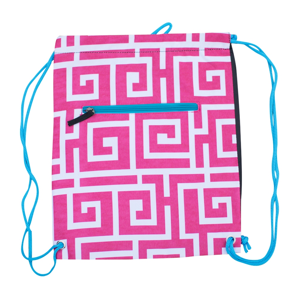 Greek Key Print Gym Bag Drawstring Pack Embroidery Blanks - HOT PINK/TURQUOISE TRIM - CLOSEOUT
