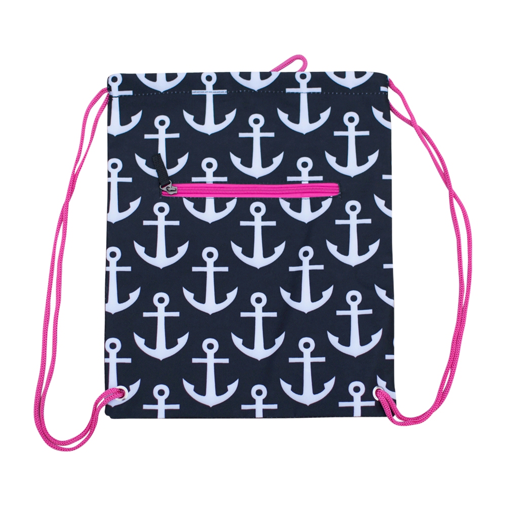 Anchor Print Gym Bag Drawstring Pack Embroidery Blanks - BLACK/HOT PINK TRIM
