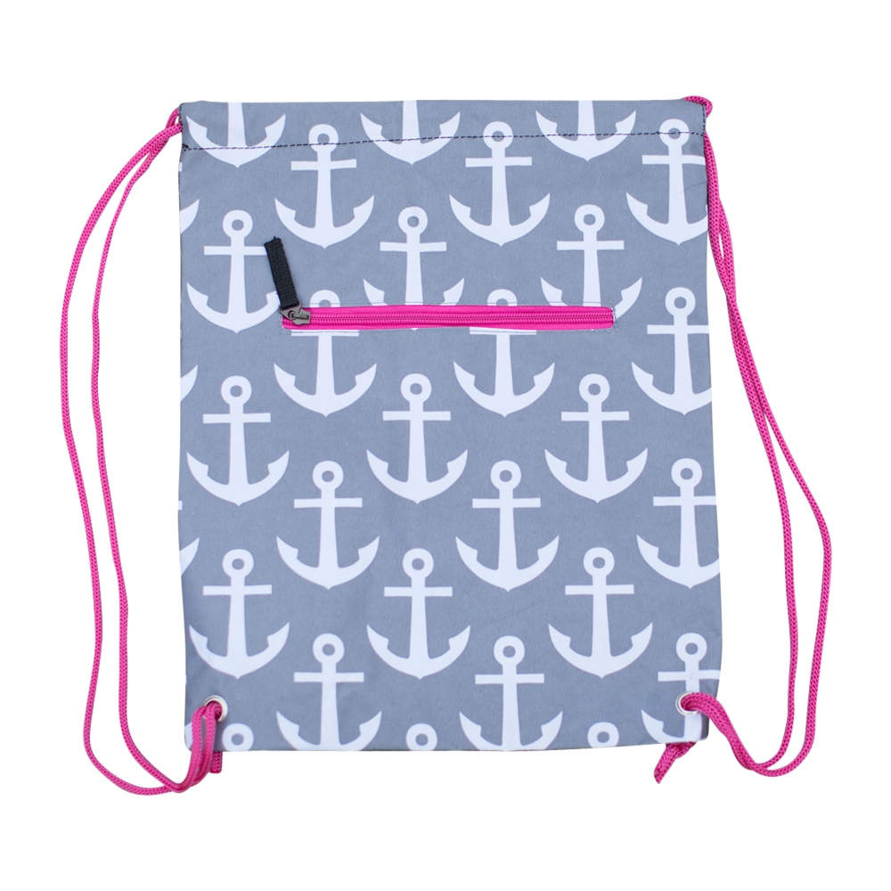 Anchor Print Gym Bag Drawstring Pack Embroidery Blanks - GRAY/HOT PINK TRIM - CLOSEOUT