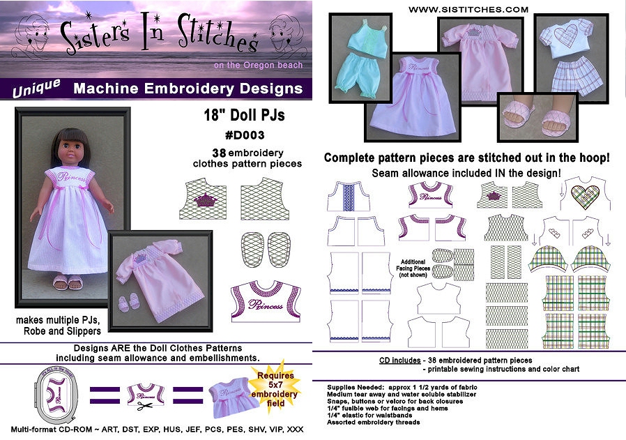 18" Doll PJs Embroidery Designs for American Girl Dolls by Sisters in Stitches