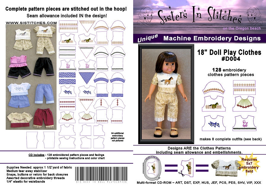 18" Doll Play Clothes Embroidery Designs for American Girl Dolls by Sisters in Stitches