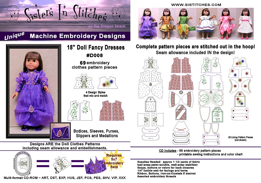 18" Doll Fancy Dresses Embroidery Designs for American Girl Dolls by Sisters in Stitches
