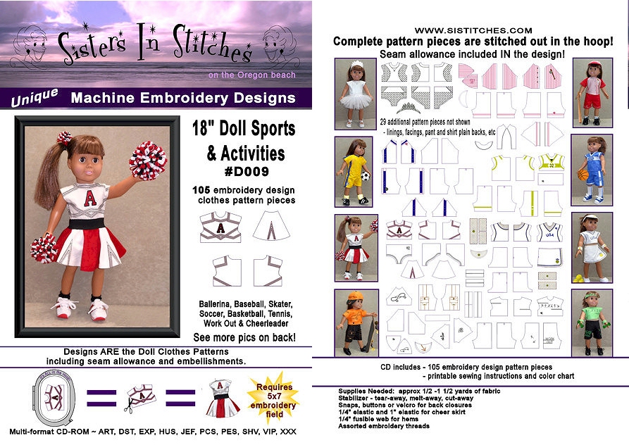 18" Doll Sports and Activities Embroidery Designs for American Girl Dolls by Sisters in Stitches