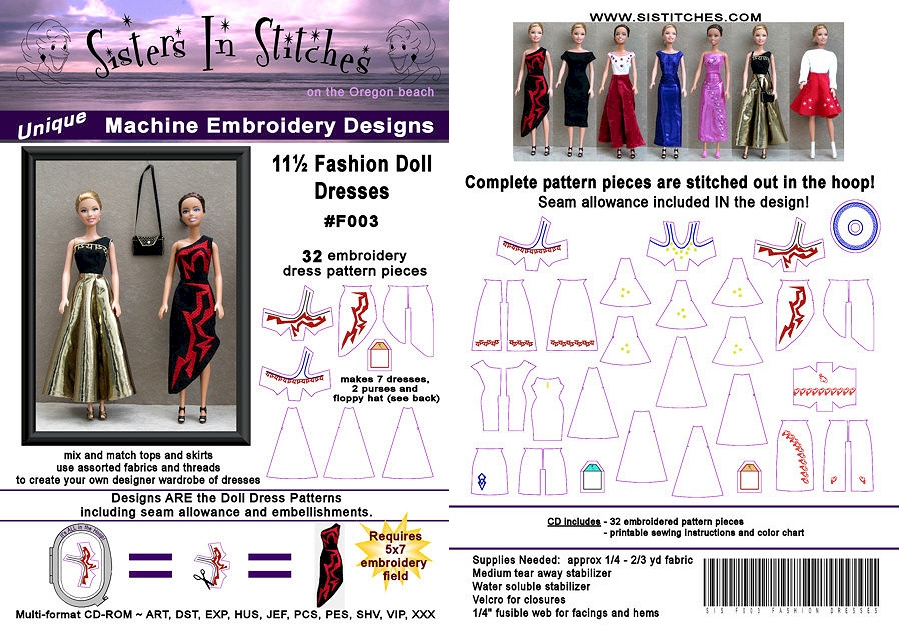 11.5" Fashion Doll Dresses Embroidery Designs for Barbie Dolls by Sisters in Stitches