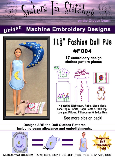 11.5" Fashion Doll PJs Embroidery Designs for Barbie Dolls by Sisters in Stitches