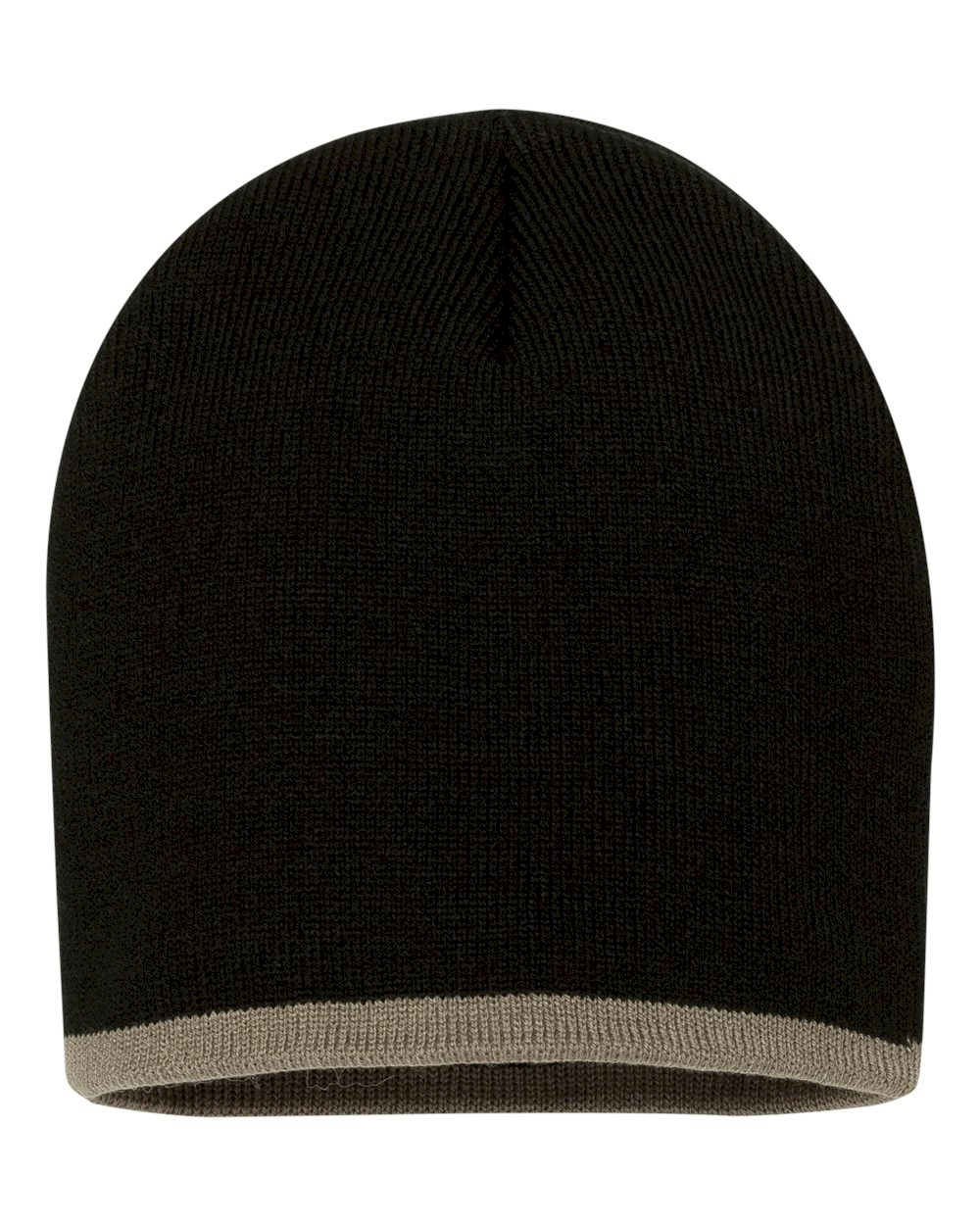 8" Knit Beanie with Striped Bottom Embroidery Blanks - BLACK/TAUPE