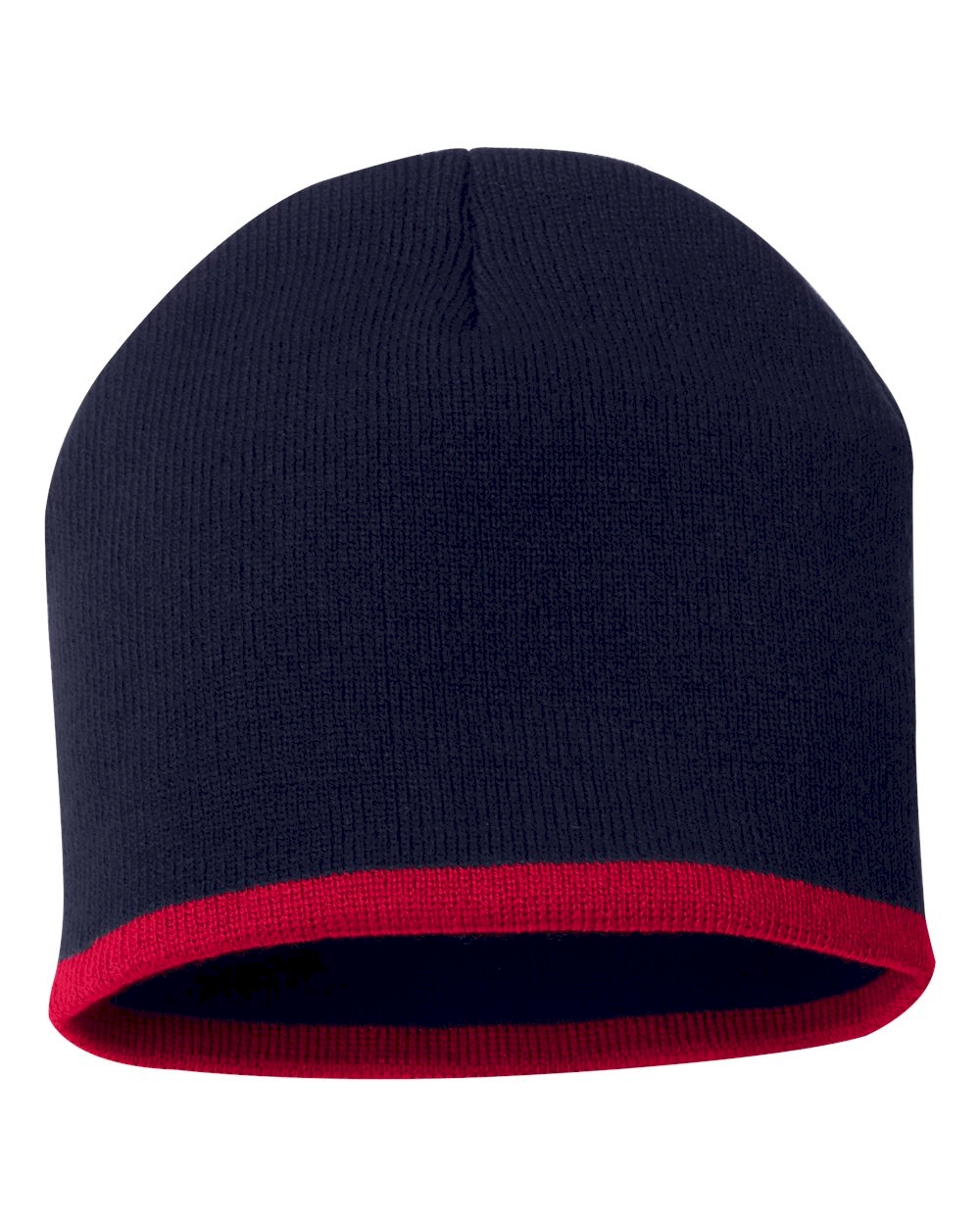 8" Knit Beanie with Striped Bottom Embroidery Blanks - NAVY/RED