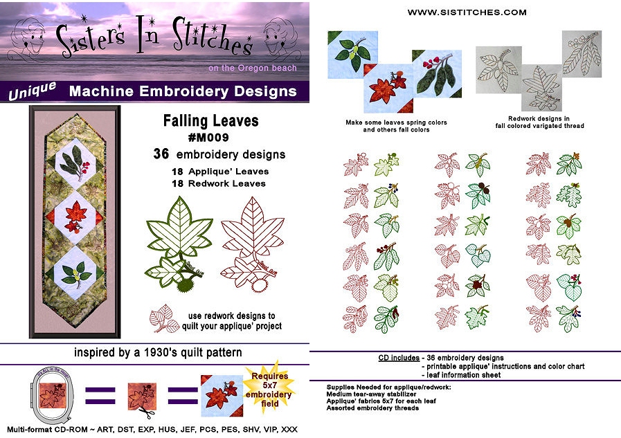 Falling Leaves Embroidery Designs by Sisters in Stitches