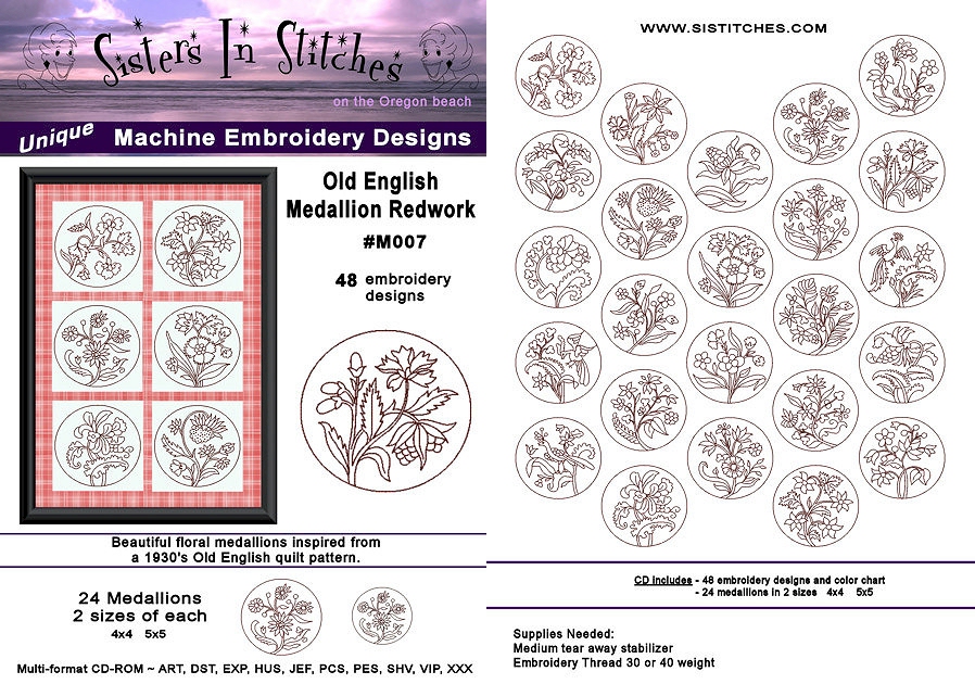 Old English Medallion Redwork Embroidery Designs by Sisters in Stitches