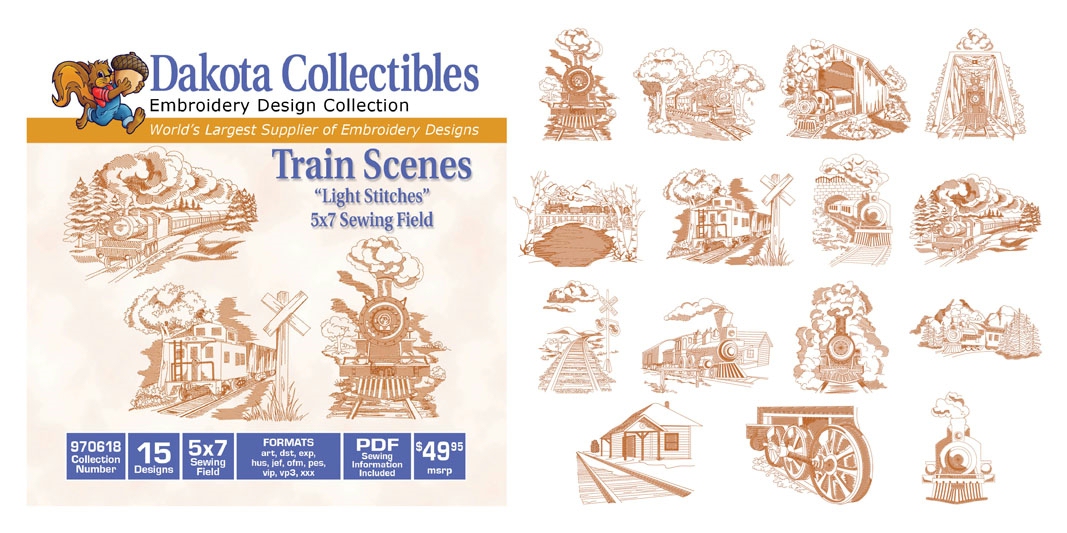 Train Scenes "Light Stitches" Embroidery Designs by Dakota Collectibles on a CD-ROM 970618