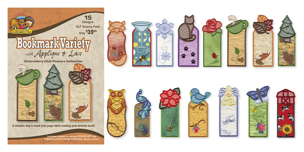 Bookmark Variety with Applique and Lace Embroidery Designs by Dakota Collectibles on a CD-ROM F70607