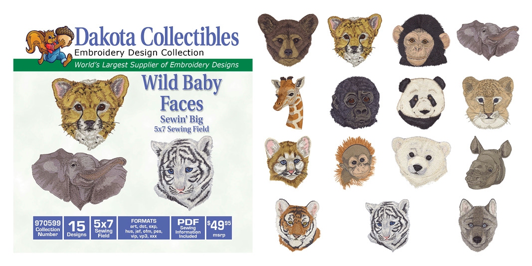 Wild Baby Faces Embroidery Designs by Dakota Collectibles on a CD-ROM 970599