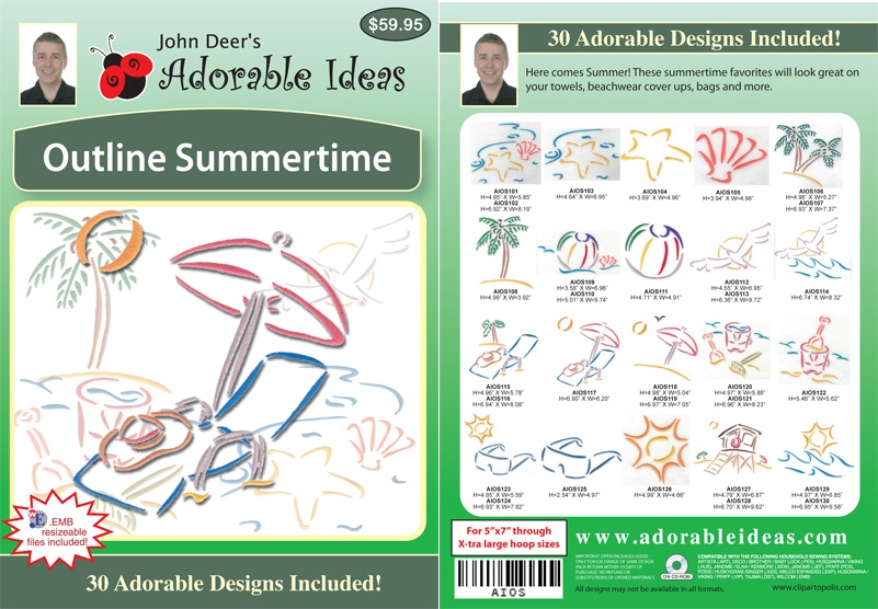 Outline Summertime Embroidery Designs by John Deer's Adorable Ideas - Multi-Format CD-ROM