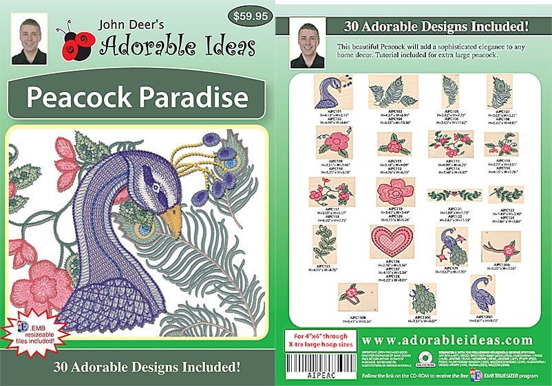 Peacock Paradise Embroidery Designs by John Deer's Adorable Ideas - Multi-Format CD-ROM